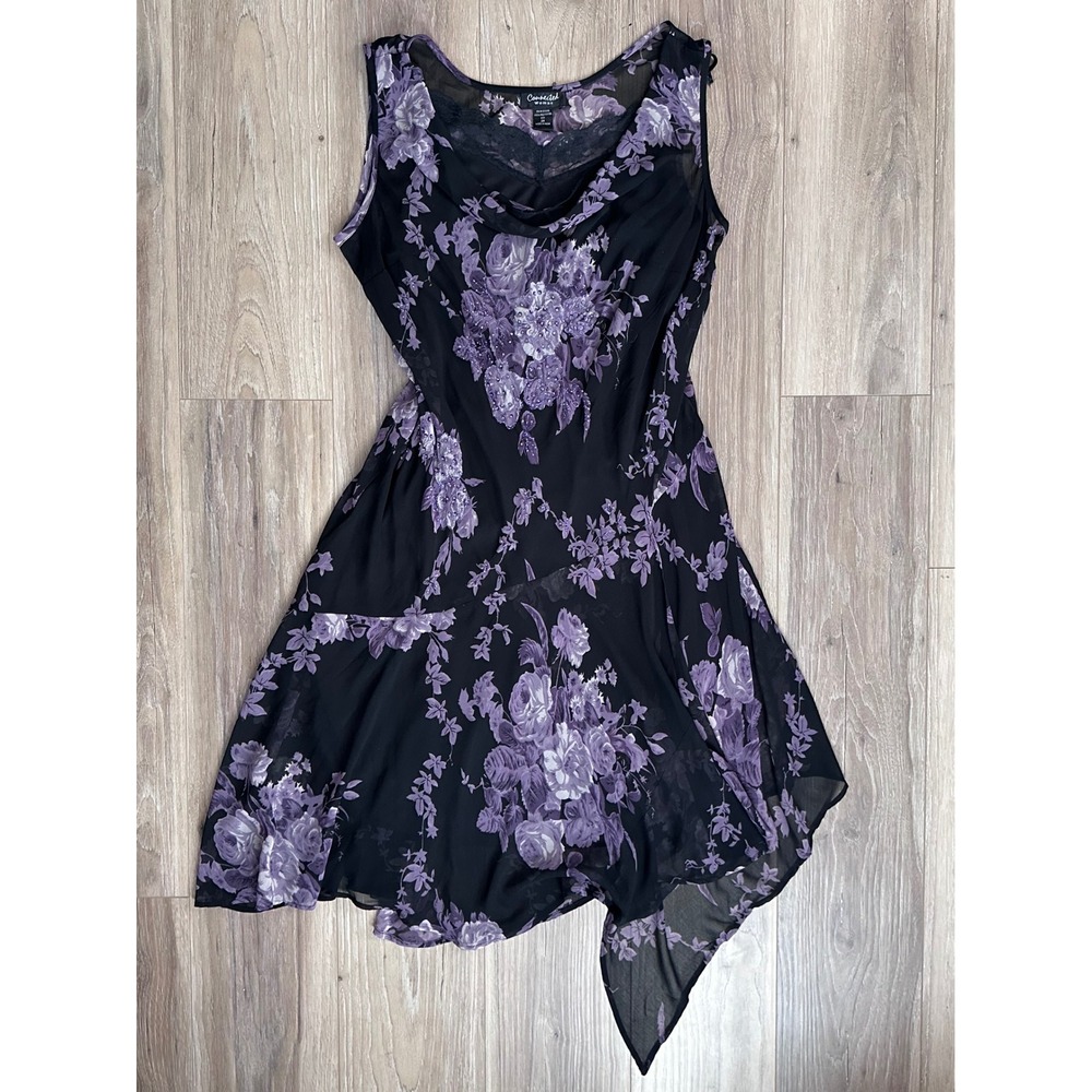 Connected Woman Vintage Floral Sequin Mesh Handkerchief Hem Dress 2X Whimsigoth